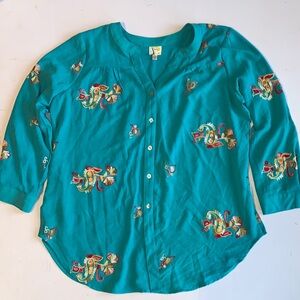 Fig and Flower Blue Button Up Blouse Embroidery Size 1X